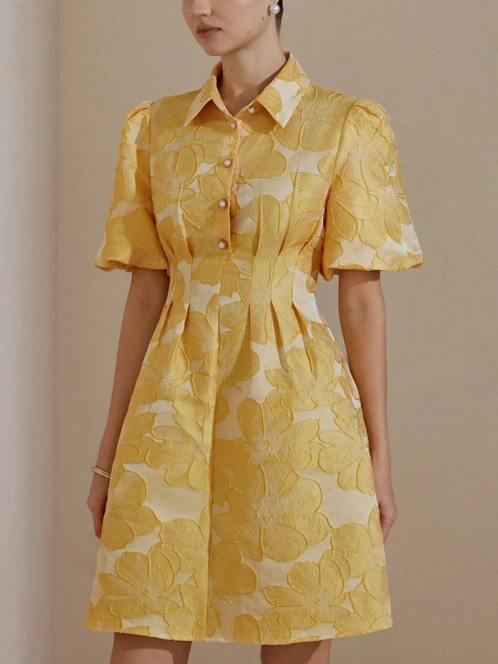 Yellow Elegant Women's Puff Sleeve Jacquard Cutout Waist Pleated Mini Dress